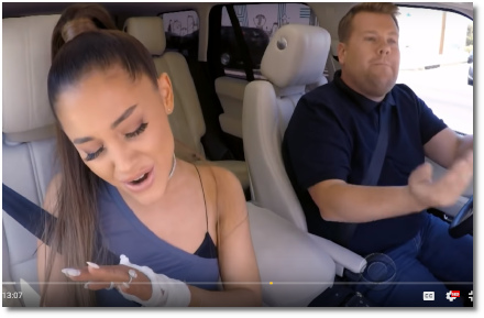 Ariana singing Dangerous Woman with James Corden Carpool Karaoke (15 Aug 2018)