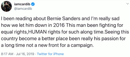 Cardi B tweet supporting Bernie Sanders as a man who fights for the Us-the-People (16 July 2019)