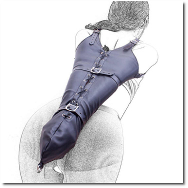 Over-the-shoulder behind-the-back leather arm binder restraint sleeve