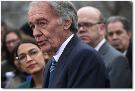 Sen. Ed Markey of Mass unveils Green New Deal alongside AOC last year. This week he became first person to ever defeat a Kennedy in Mass.
