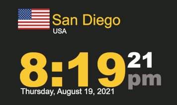 Worldclock timestamp for Thursday, 19 August 2021 at 8:19 PM San Diego Pacific timezone